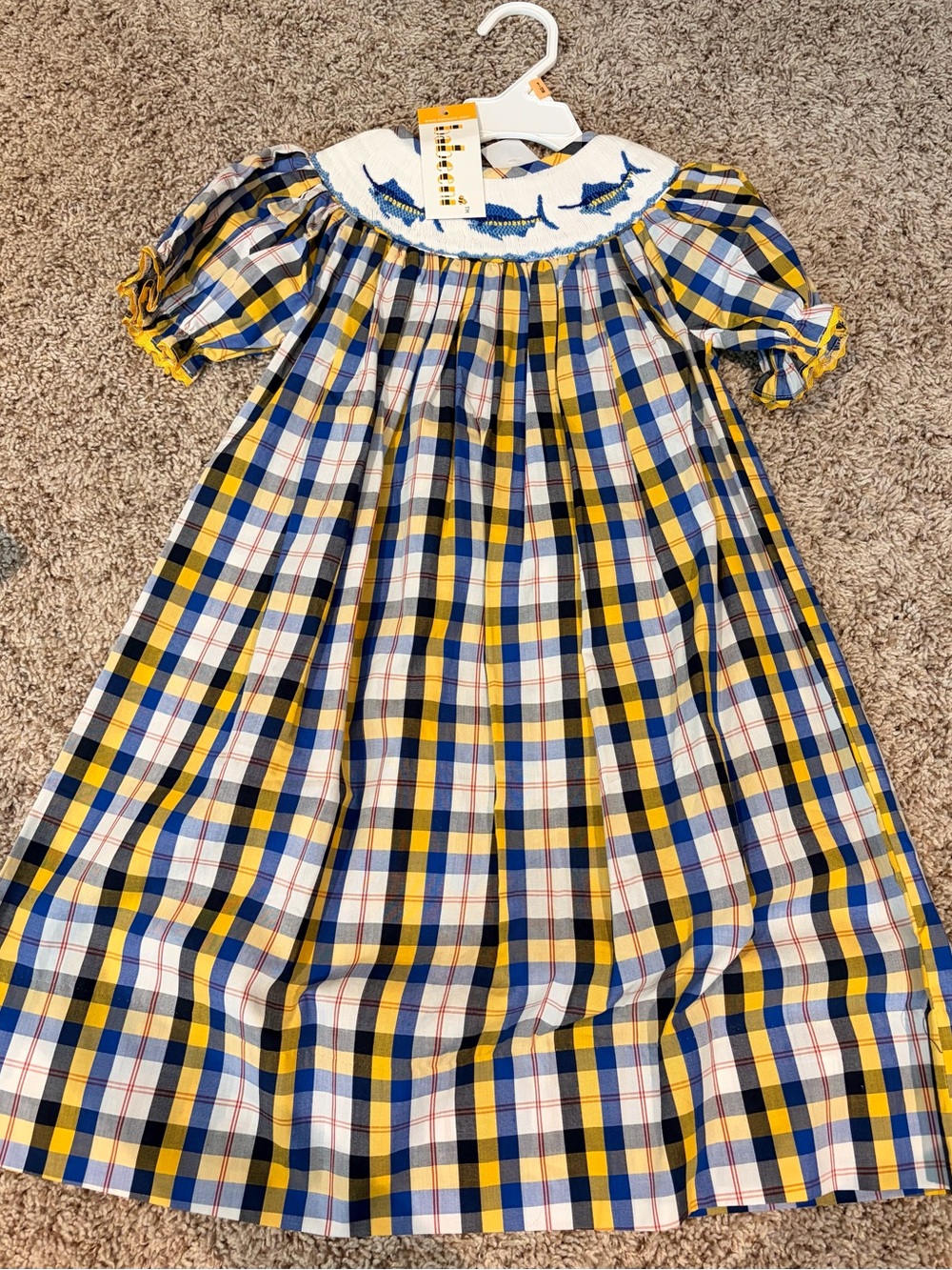 Smocked Plaid Casual Girls' Dress with Blue Fish Motif - Yellow & Navy
